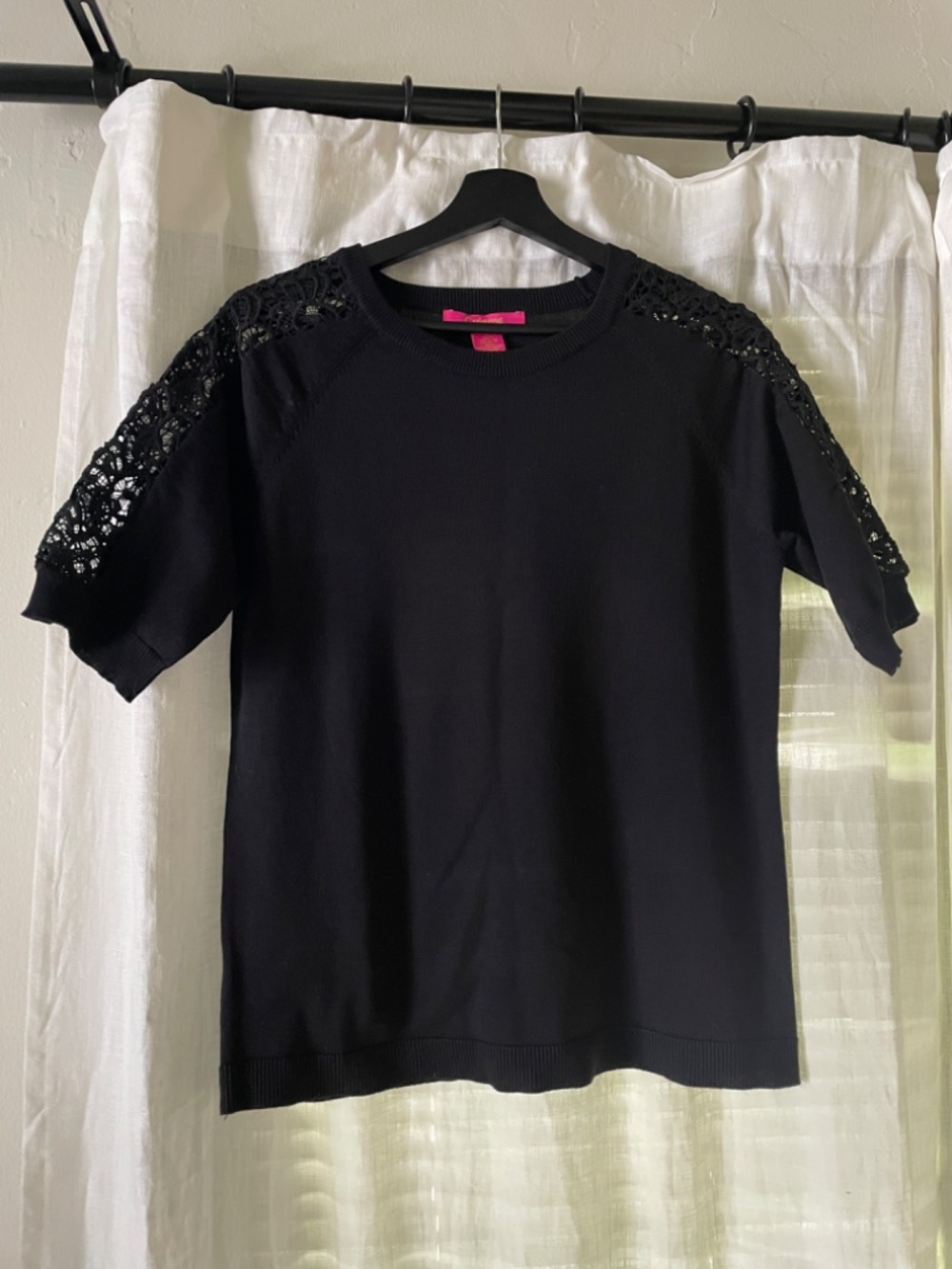 Catherine Malandrino Black Knit Top with Lace Crochet Sleeves